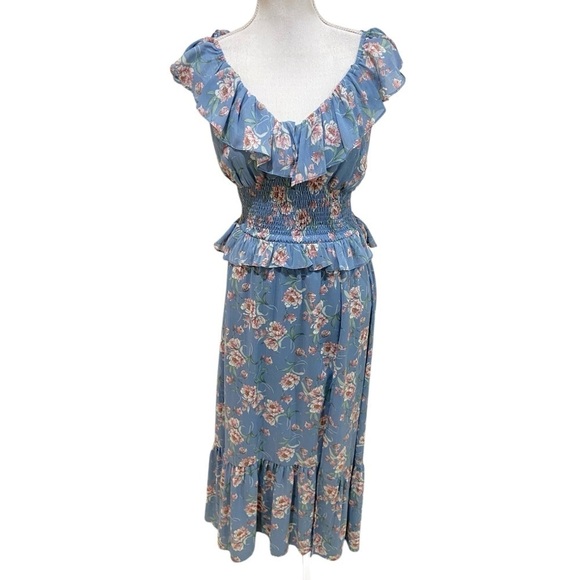 Floret Studios blue floral v neck smocked ruffle midi dress high slit size small - Picture 2 of 14